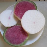 Watermelon radish and heart heart turnip sliced and ready to eat.